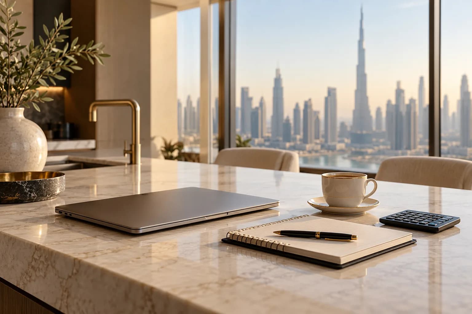 AI-sfeerbeeld van een keukeneiland met laptop, notitieboek en rekenmachine, met de skyline op de achtergrond