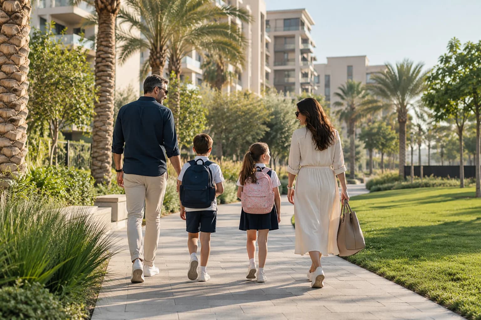 AI-sfeerbeeld van een gezin met schooltassen in een groene woonwijk in Dubai