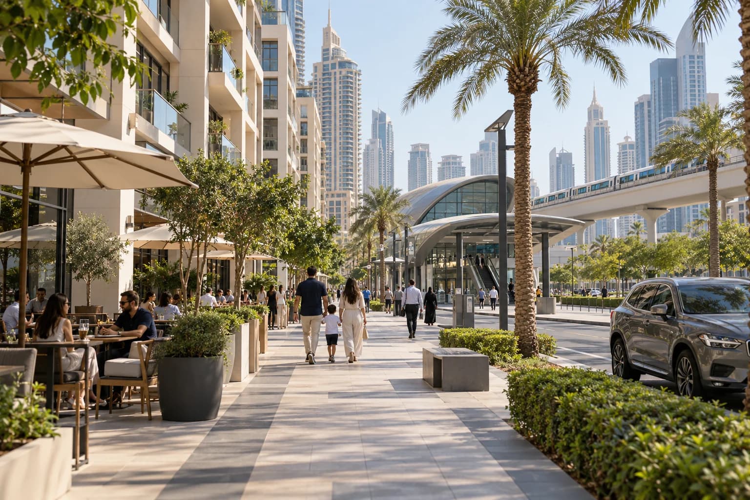 AI-sfeerbeeld van een woonwijk in Dubai met appartementen, dagelijkse voorzieningen en vervoer