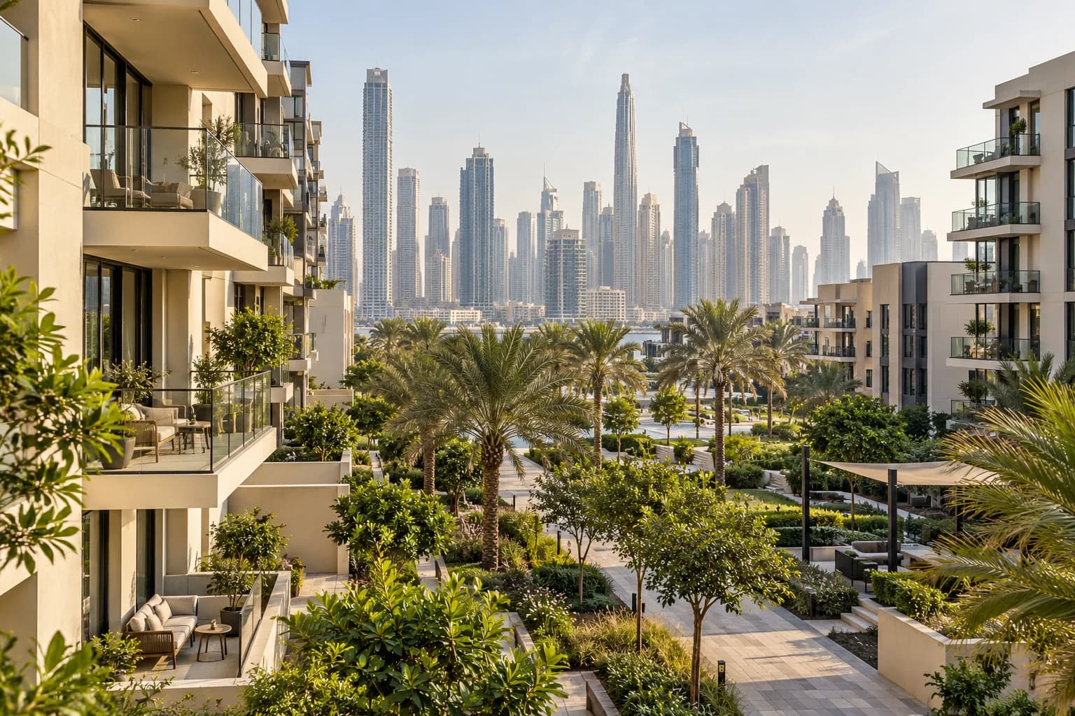 AI-sfeerbeeld van appartementen en een groene gemeenschappelijke tuin in Dubai