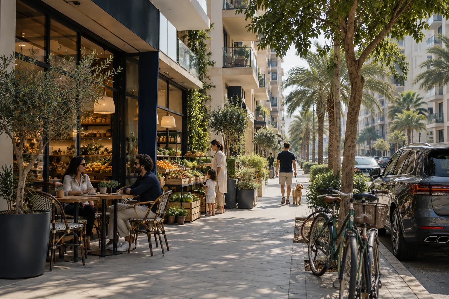 AI-sfeerbeeld van een woonstraat in Dubai met dagelijkse voorzieningen en een café