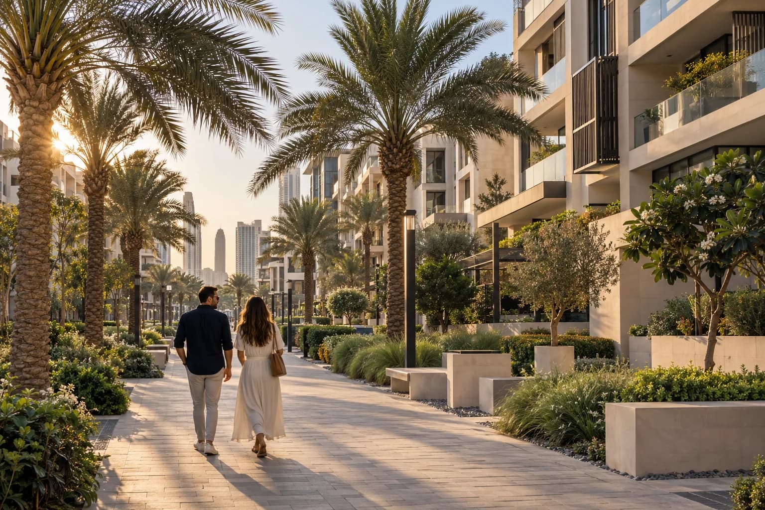 AI-sfeerbeeld van een woonboulevard in Dubai met palmen en een wandelend stel