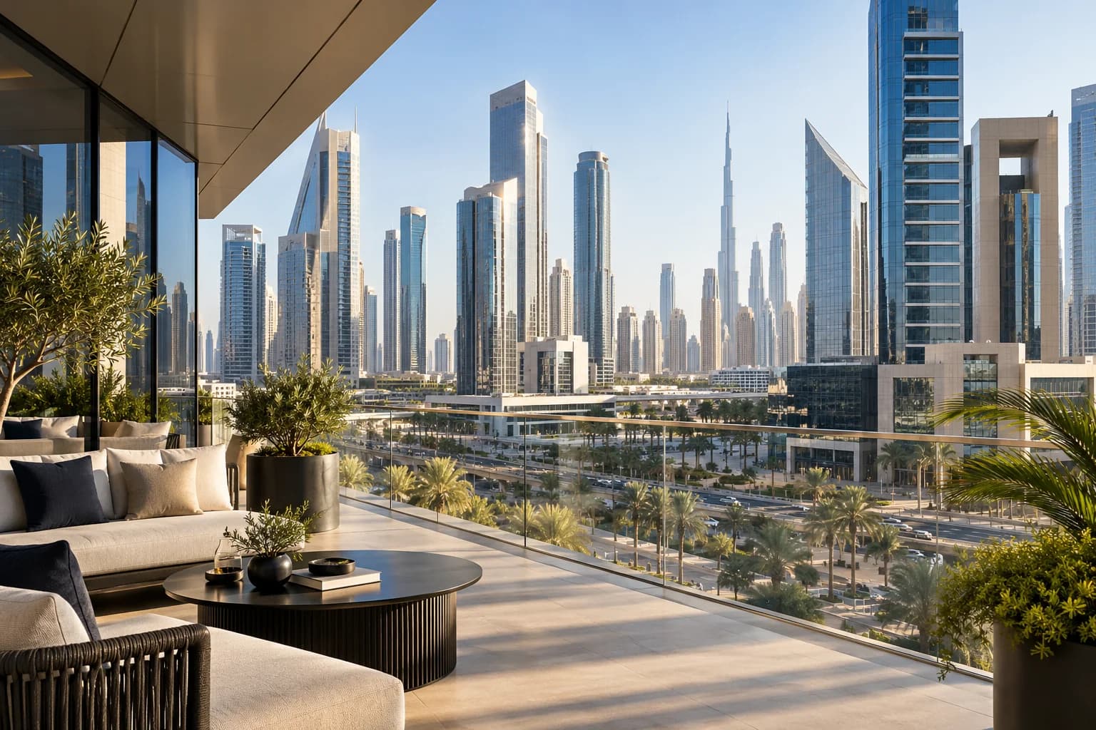AI-sfeerbeeld van een kantooromgeving met uitzicht op een zakendistrict in Dubai
