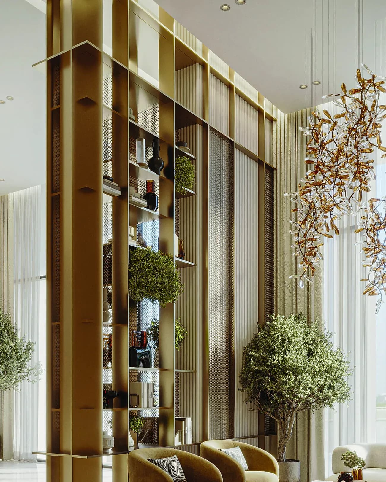 Double height residence lobby with gold shelving and marble floors