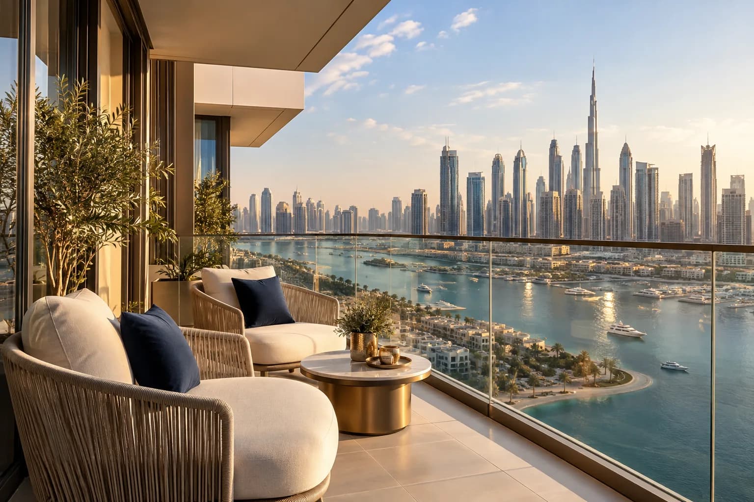 AI-sfeerbeeld van een appartementbalkon met zitplaatsen en een skyline aan het water