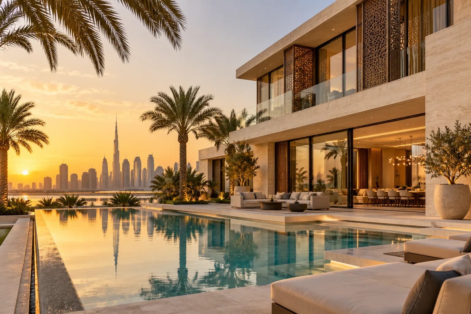 Moderne villa met een privézwembad, terras en ruime buitenzitplaats bij zonsondergang