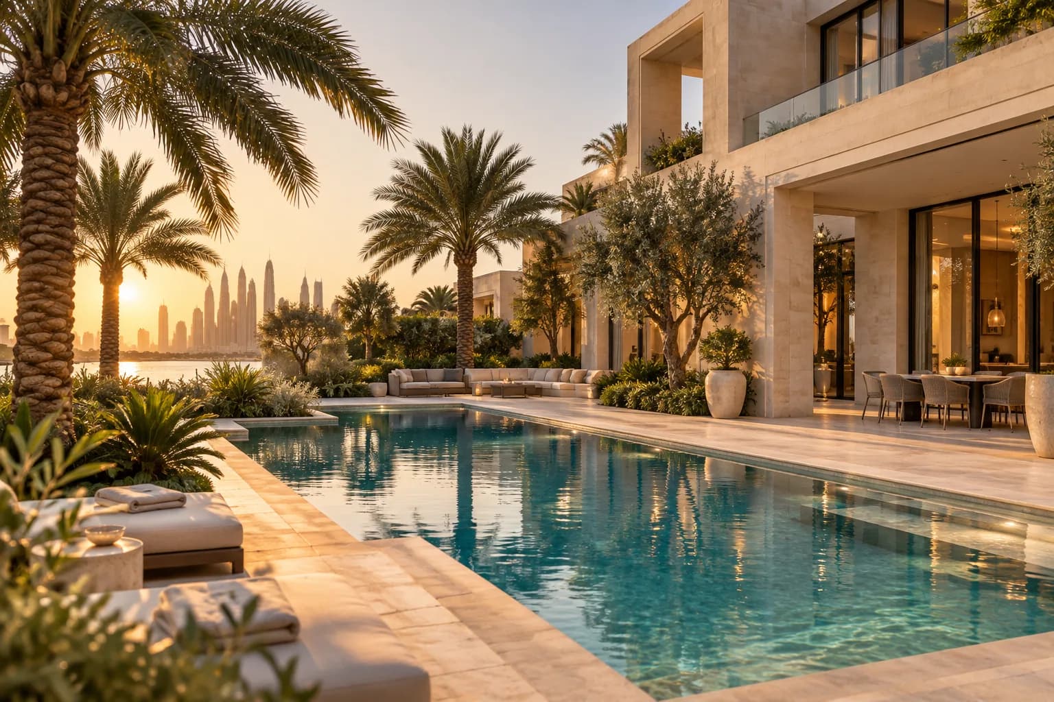 AI-sfeerbeeld van een privézwembad bij een moderne villa met palmen
